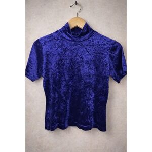 Y2K Lord & Taylor Jewel-Tone Sapphire Velvet Mock Neck Top Purple-Blue Vintage M